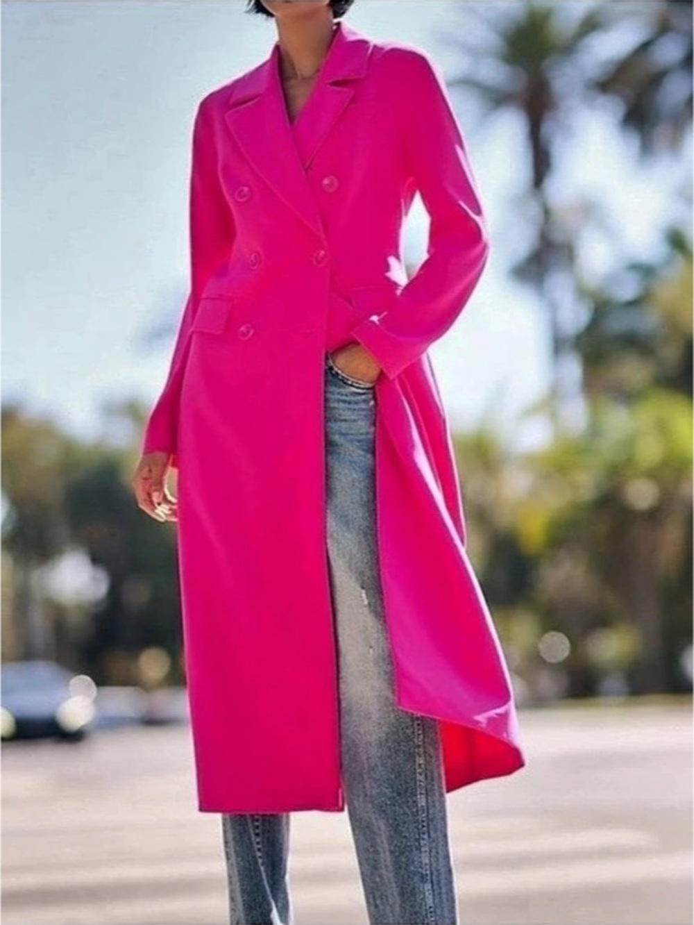 Express Double Breasted Belted Maxi Trench Coat Pink Small